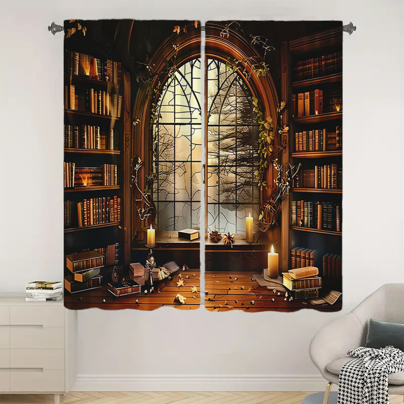 

2pcs Brown Wooden House Bookshelf Printed Curtains, Pole Pocket Installation, Polyester Material, Suitable For Living Room, Bedroom, Study, Dining Room, Kitchen, Uniquely Home Decoration