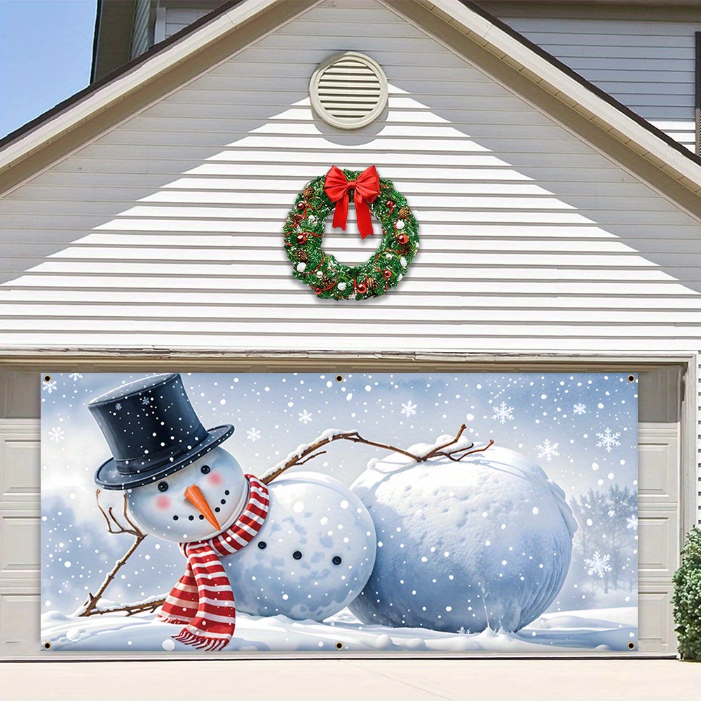 

Large Christmas Garage Door Banner - Polyester, Winter Snow & Snowman Design, Outdoor Holiday Decorations