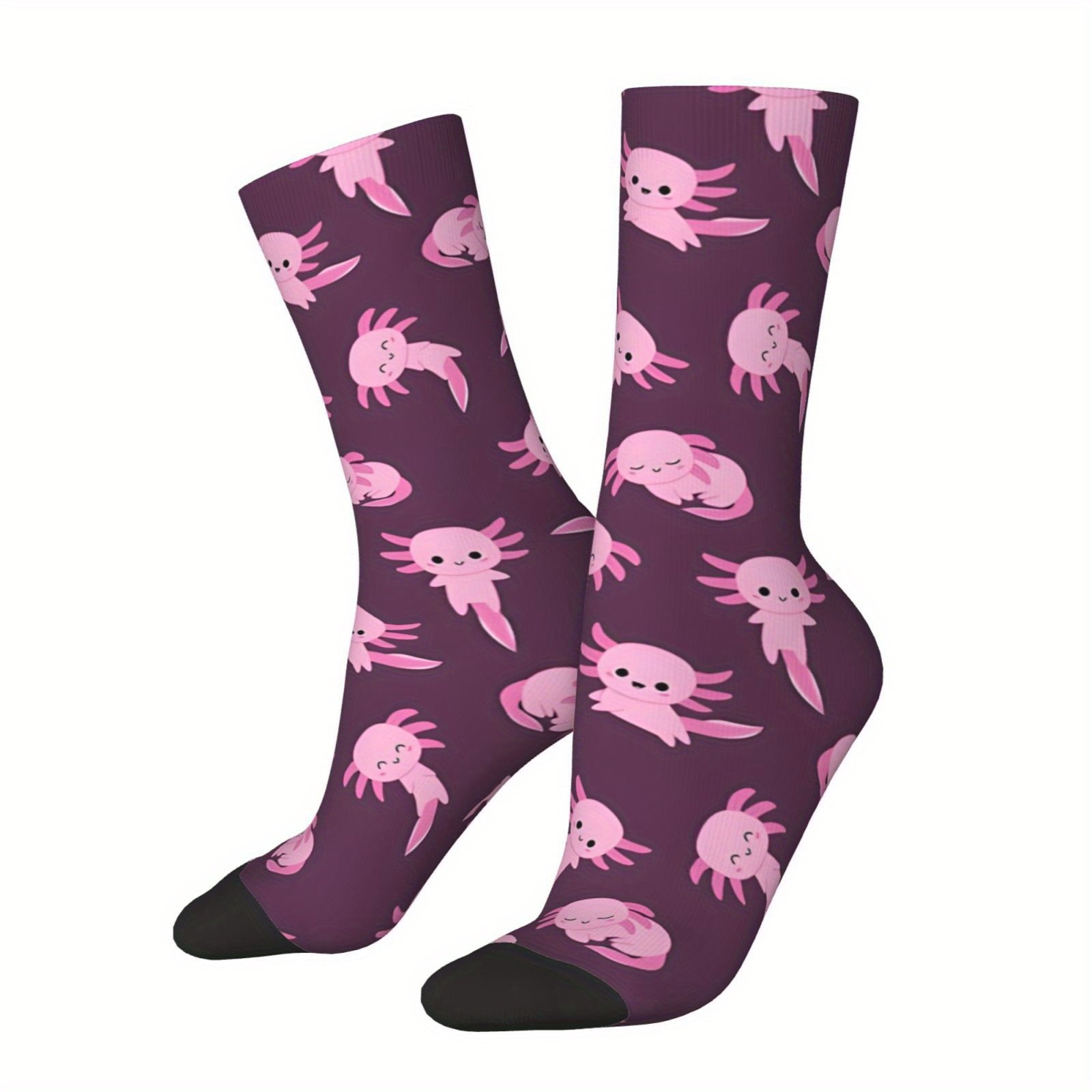 

1 Pair Kawaii Axolotl Print Socks For Men - Polyester & Spandex Blend, Seamless Crew Socks, Hand Washable, Unique Patterned, Hip Hop Harajuku Style, Casual Gift