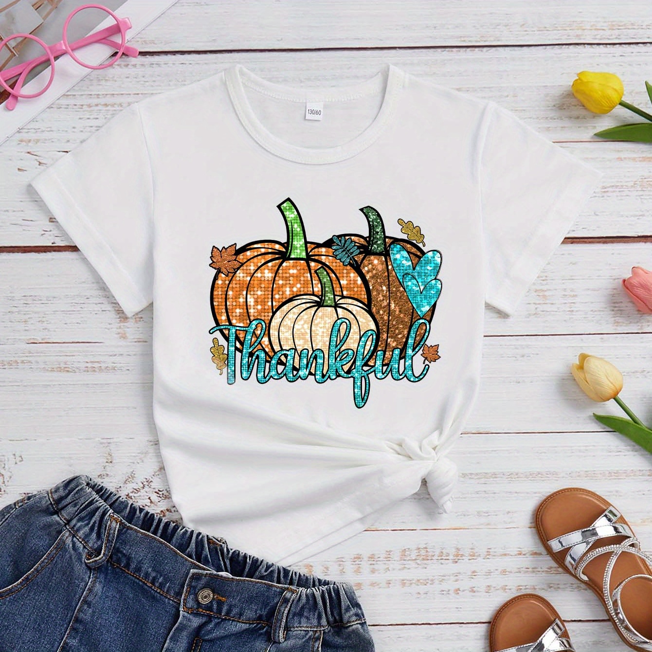 

Girl's Casual Knit Top With Sequin Pumpkins And "thankful" Lettering - Short Sleeve, Crew Neck, 100% Polyester, Spring & Summer Collection