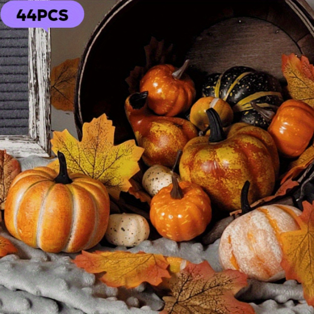 

44pcs Artificial Pumpkin And Maple Leaf Decoration Set, Thanksgiving Harvest Pumpkin Model Decoration, Home Table And Chair Decoration