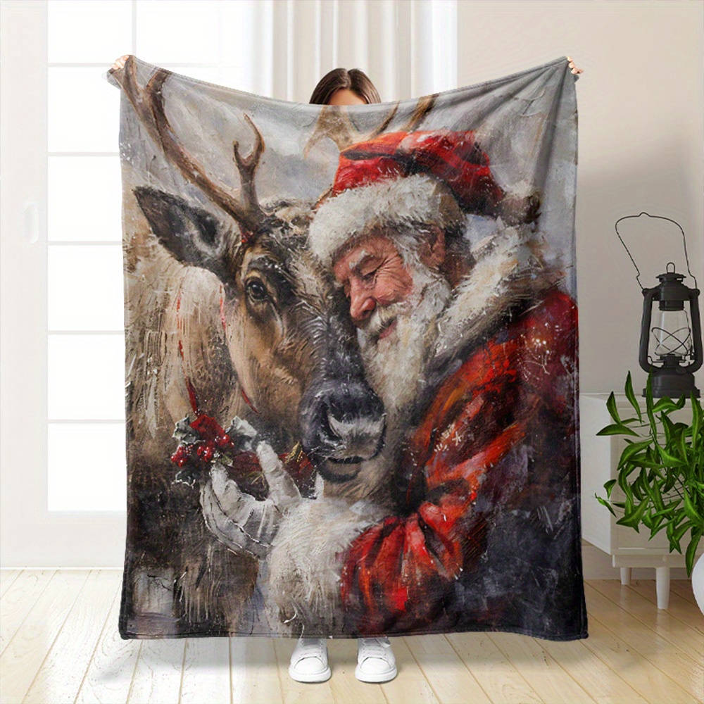 

1pc, Santa Claus With Deer Christmas Sofa Flannel Blanket, Soft And Warm Sofa Throw, Christmas Wreath Fleece Blanket For Camping, Office Nap Blanket