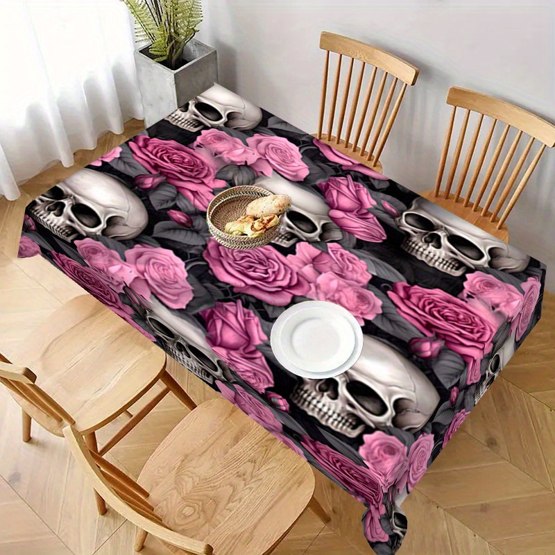 

Day Of The Dead Square Polyester Tablecloth - Stain Resistant And Pink Flower Print, Machine Woven Cover, Erasable & Easy To Clean, Suitable For Kitchen, Restaurant, Party, Indoor & Outdoor