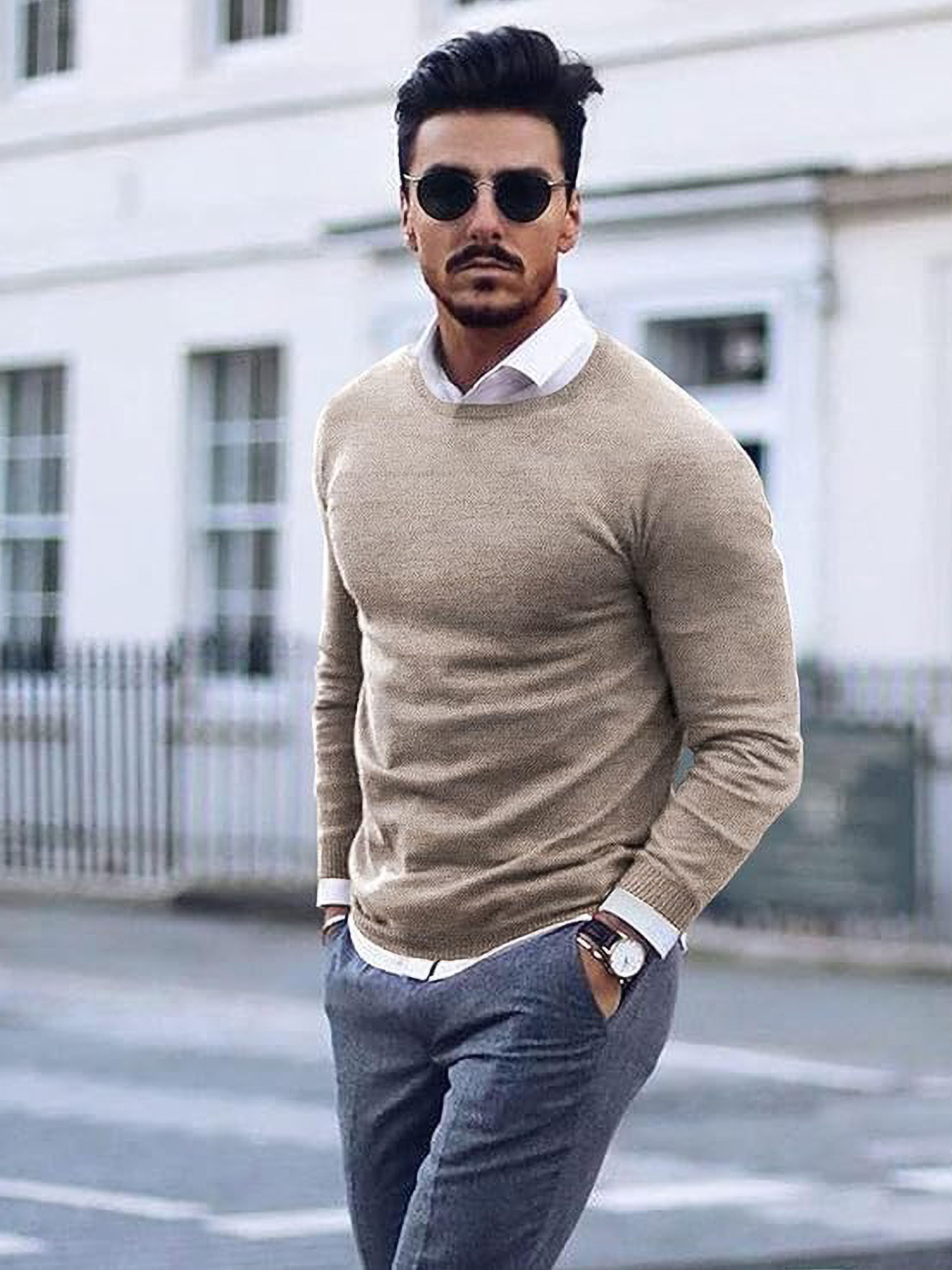 „ELESOL“ Vyrų Lengvas Megztinis su Apvalia Iškirpte - Minkštas Poliesterinis Megztinis Rudeniui/Žiemai, Kasdienis ir Šventinis, Vienaspalvis, Skalbiamas Mašinoje, Universalus Vyrų Megztinis | Apvalios Iškirptės Megztinis | Patogus Tinka