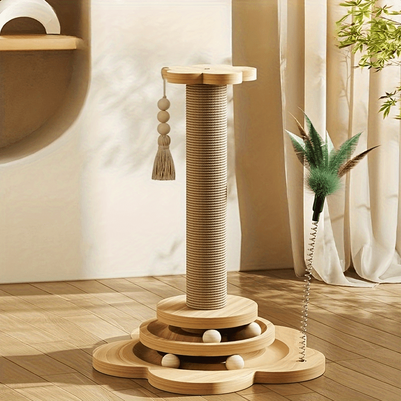 

Sturdy Wooden Cat Scratcher With Sisal Post And Assorted Color Teaser Sticks - No Battery Required