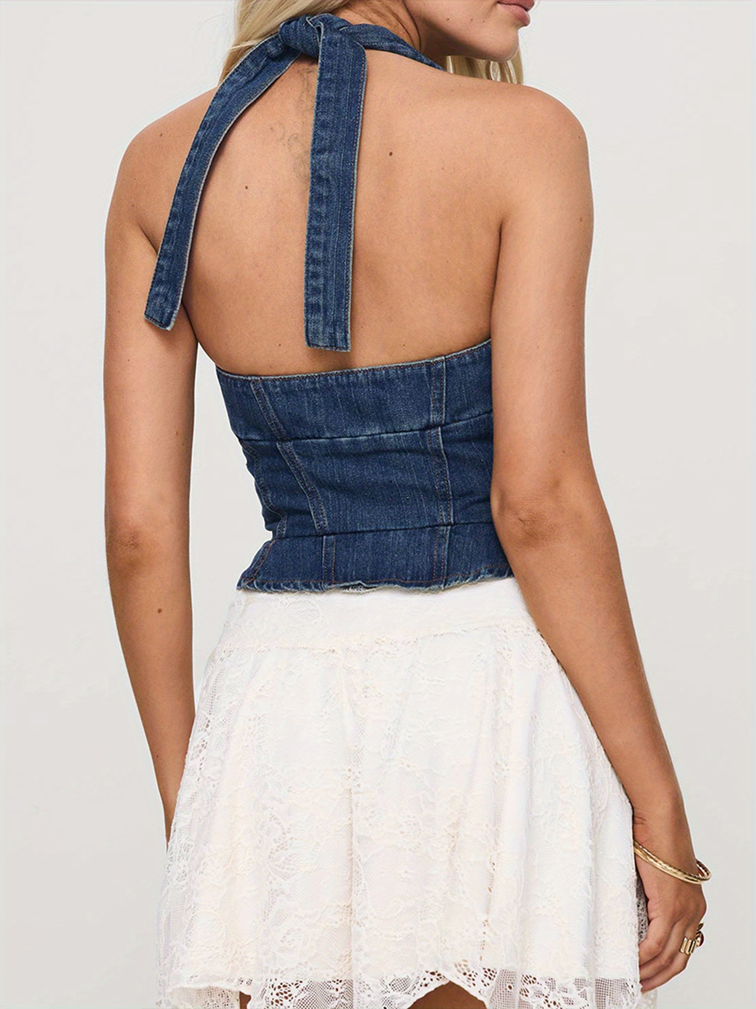 womens halter neck denim vest button front closure cropped - Temu