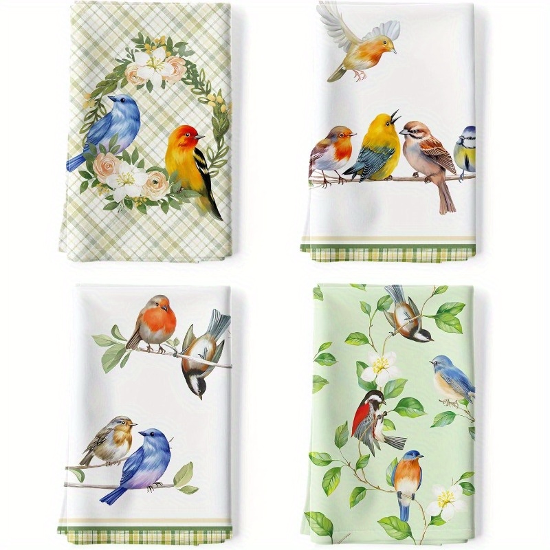 

4-pack 18x26 Inch Polyester Kitchen Towels, Contemporary Coastal Bird Design, Quick-dry Dishcloths, Soft Hand Towels For Home, Wedding, Buffet, Machine Wash Only