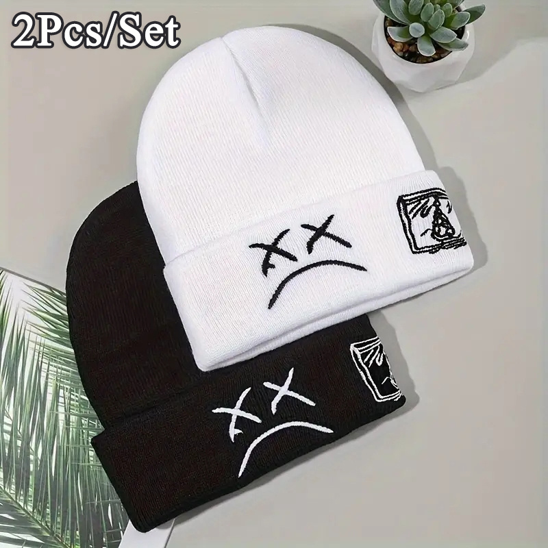 

Unisex Embroidered Acrylic Skullies Beanies, Set Of 2, Knitted Fashionable Hip-hop Caps, Warm Outdoor Headwear