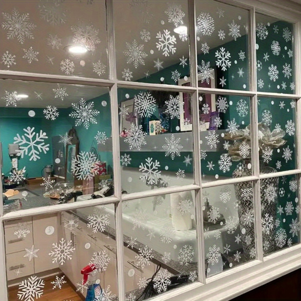 

Festive 114pcs Snowflake Window Clings - Electrostatic White Snowflakes For Christmas & Winter Door Decorations Snowflake Ribbon Wired