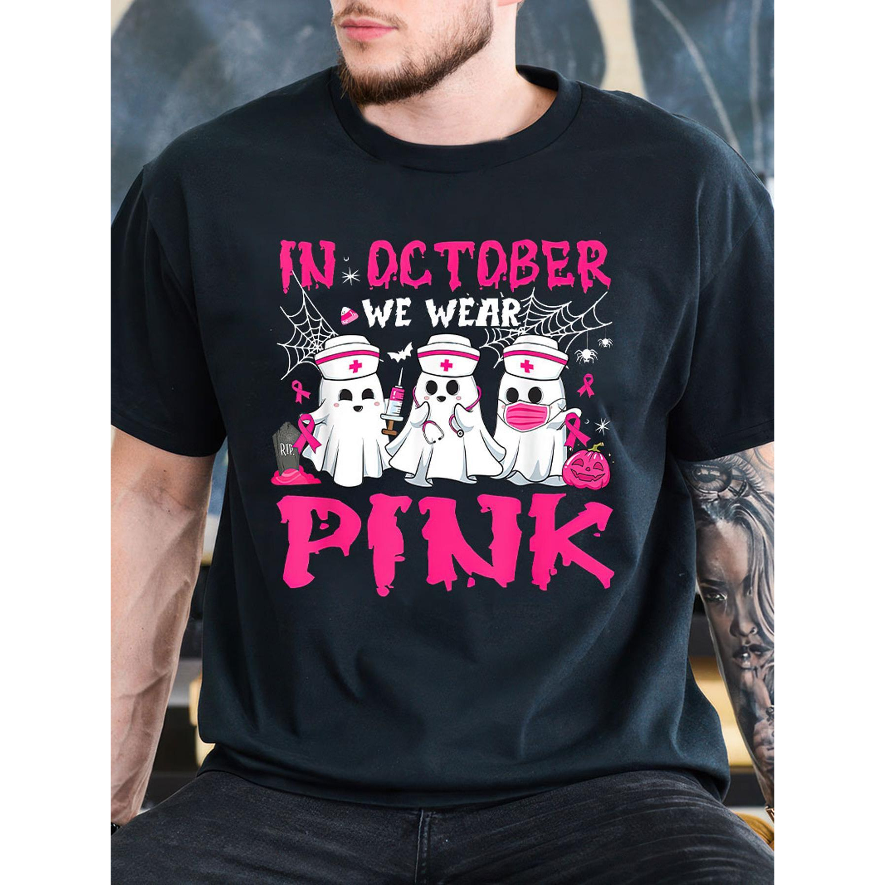 

Men Pink Nurse Breast Cancer Awareness Cotton Printed T-shirt