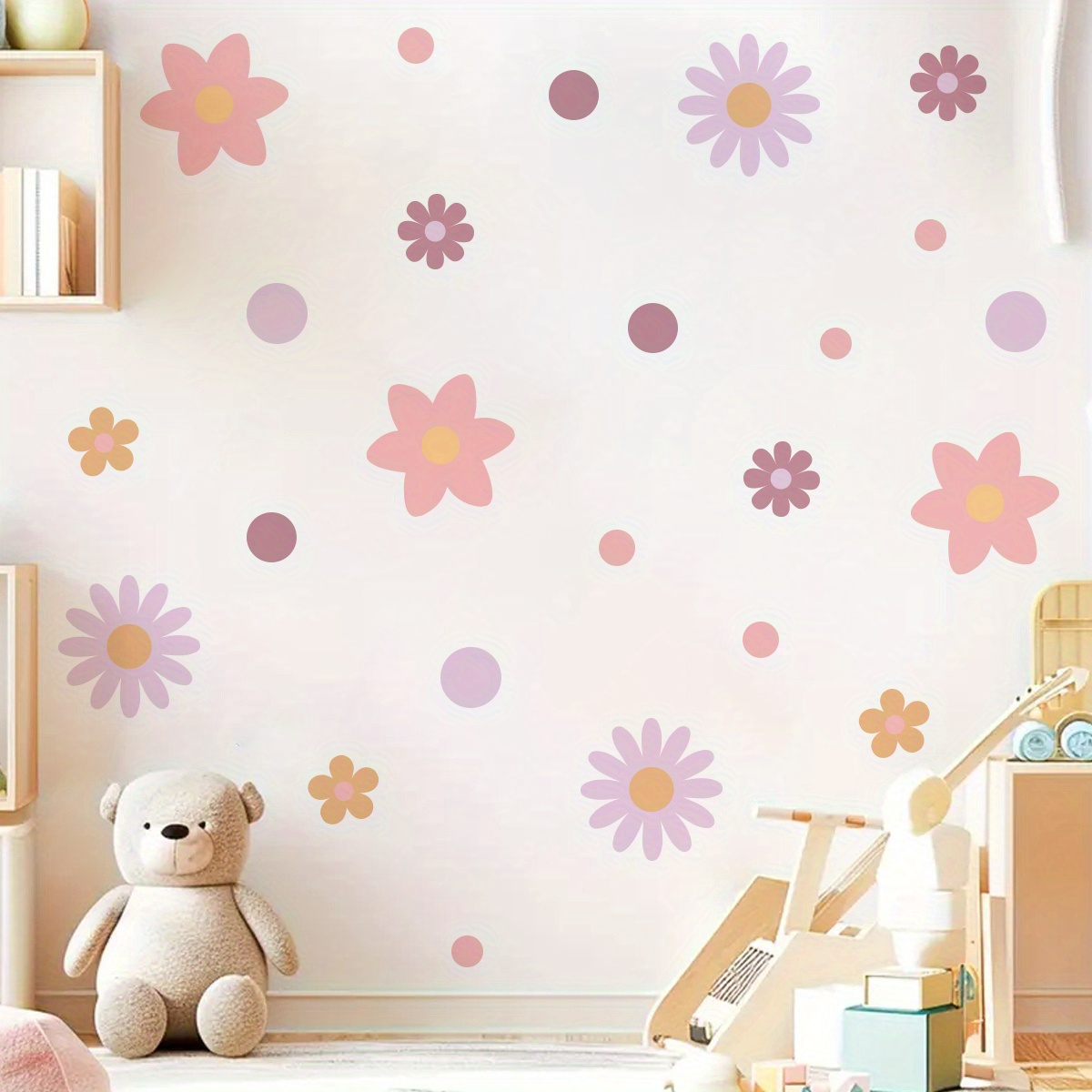 3pcs Pink Flower & Polka Dot Wall Stickers, Removable Pvc Wall Decals, Contemporary Floral Pattern, Self-adhesive, Plastic, For Bedroom, Living Room, Hallway, Bedroom Decor
