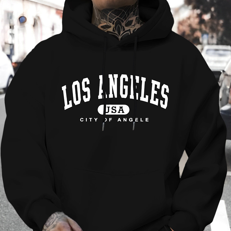 

Men's Los Angeles Usa Letter Print Hooded Sweatshirt Casual Knit Fabric Pullover With Drawstring Hood Fall/ Long Sleeve Hoodie - 100% Polyester Stretch