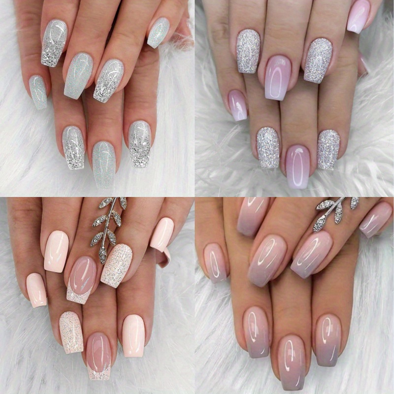 TEMU 96pcs (4pcs) Exquisite Gradient Press On Nails - Medium Length French Tips Glitter Acrylic Nails With Full Cover Glue On Design For Women