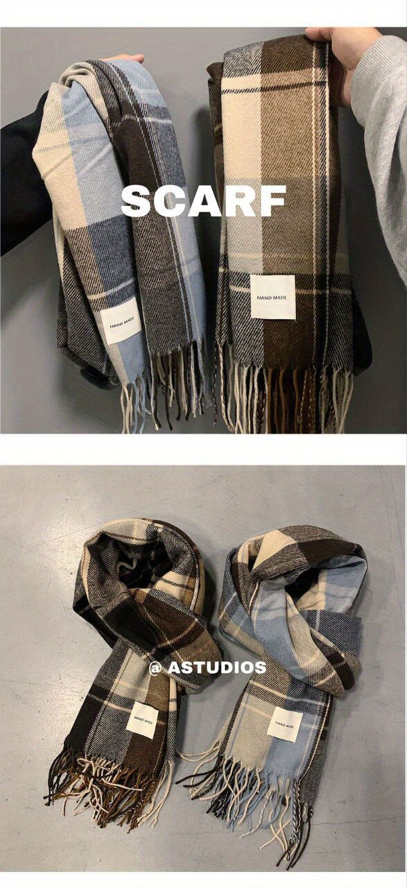 1pc Men's Warm Plaid Fringe Hem Scarf for Autumn And Winter, Gifts for Men details 0