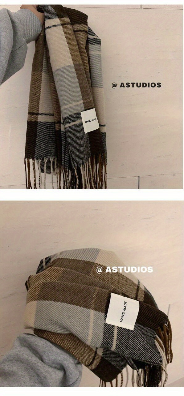 1pc Men's Warm Plaid Fringe Hem Scarf for Autumn And Winter, Gifts for Men details 1