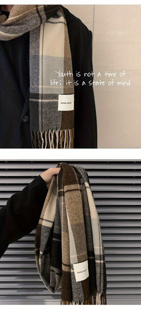 1pc Men's Warm Plaid Fringe Hem Scarf for Autumn And Winter, Gifts for Men details 2