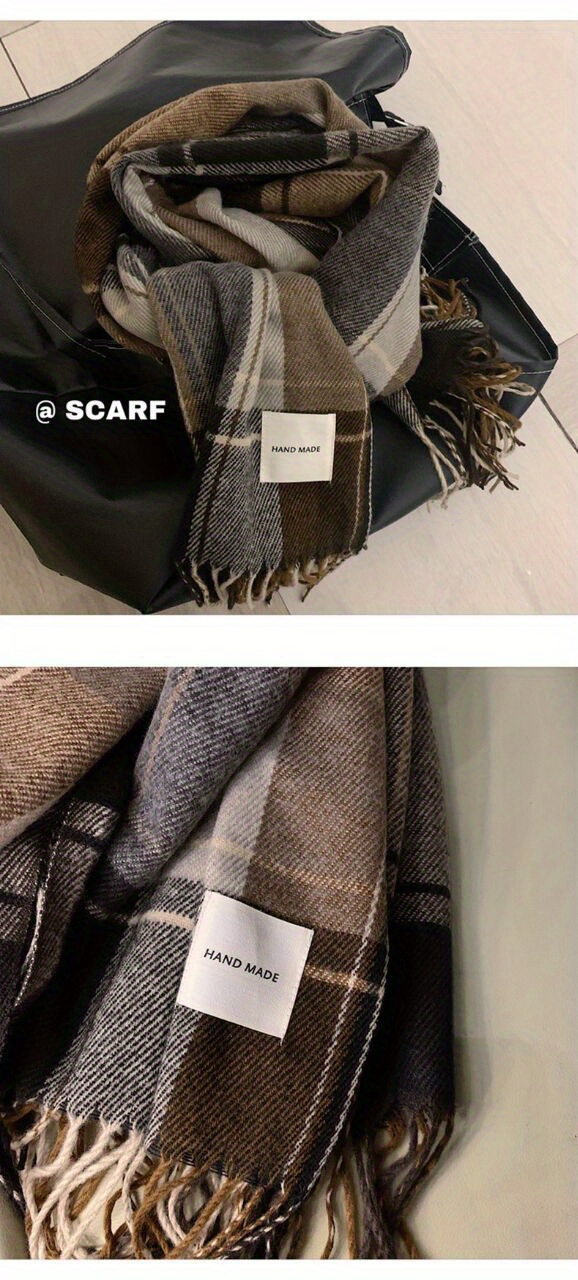 1pc Men's Warm Plaid Fringe Hem Scarf for Autumn And Winter, Gifts for Men details 3