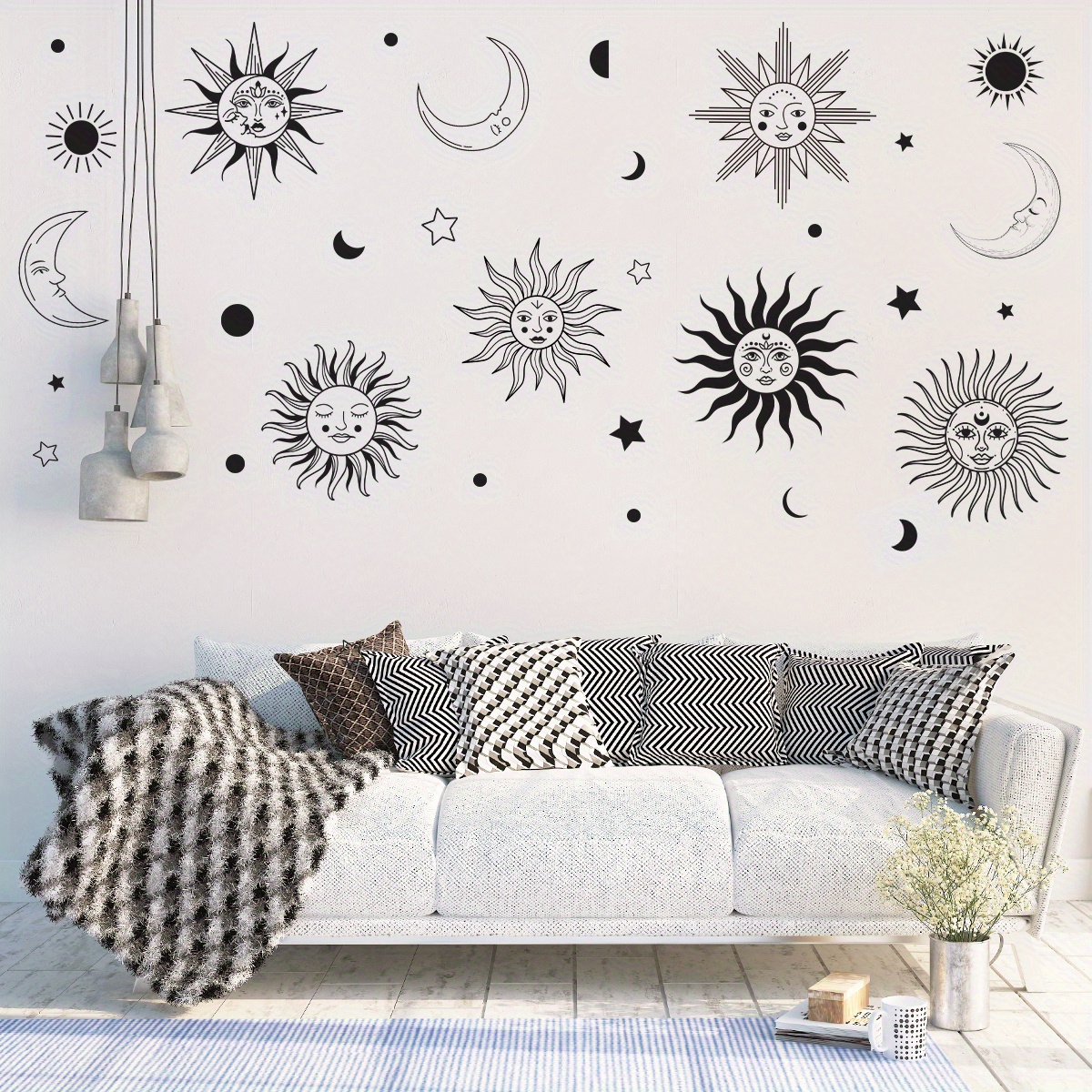 

Contemporary Boho Sun And Star Vinyl Wall Stickers - Space Themed Art Decals For Bedroom, Living Room, Hallway - Self-adhesive, Semi-matte Finish, Geometric - Detachable, Single-use Pvc Wall Decor