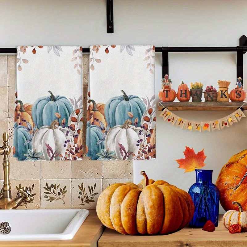 

Contemporary Woven Polyester Dish Towels - 2 Pack, 18x26" Super Towels With Autumn Pumpkin & Eucalyptus , Machine Washable For Decoration, Thanksgiving Harvest Motif