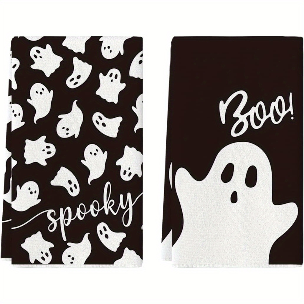 

Spooky Kitchen Towels - 2pcs, Black & White Boo Hand Towels, 18x26 Inch, Machine Washable Polyester, Cartoon Design For Home Decor