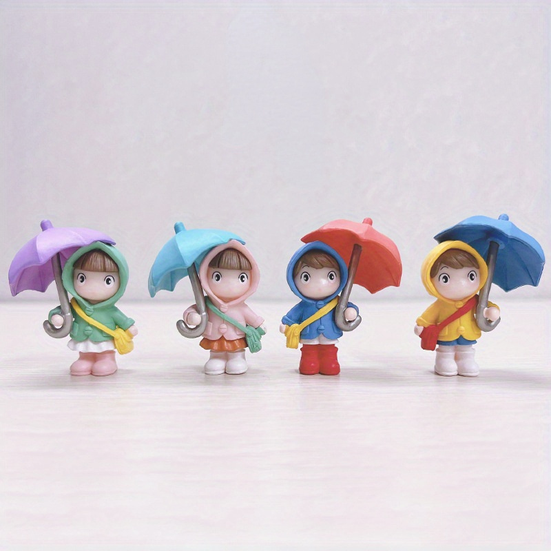 

4pcs Pvc Collectible Figurines, Party-ready, Raincoat & Umbrella Doll Set, No Electricity Needed, With Dashboard Decor For 14+