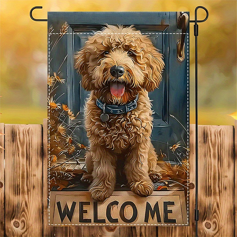 

Teddy Dog Welcome Garden Flag - Cute Curly Puppy Double-sided Design, Polyester, Waterproof, Burlap-texture Yard Flag For All Seasons, Fits Standard Flagpoles, No Electricity Needed, 12x18 Inch, 1pc