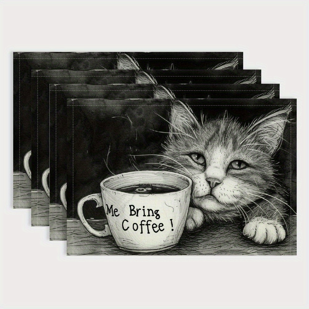 

4-pack Cat And Coffee Printed Placemats, Washable Polyester Kitchen Table Mats, Rectangular Cloth Dining Mats For Home, Party Decor, Restaurant Supplies, Hand Wash Only