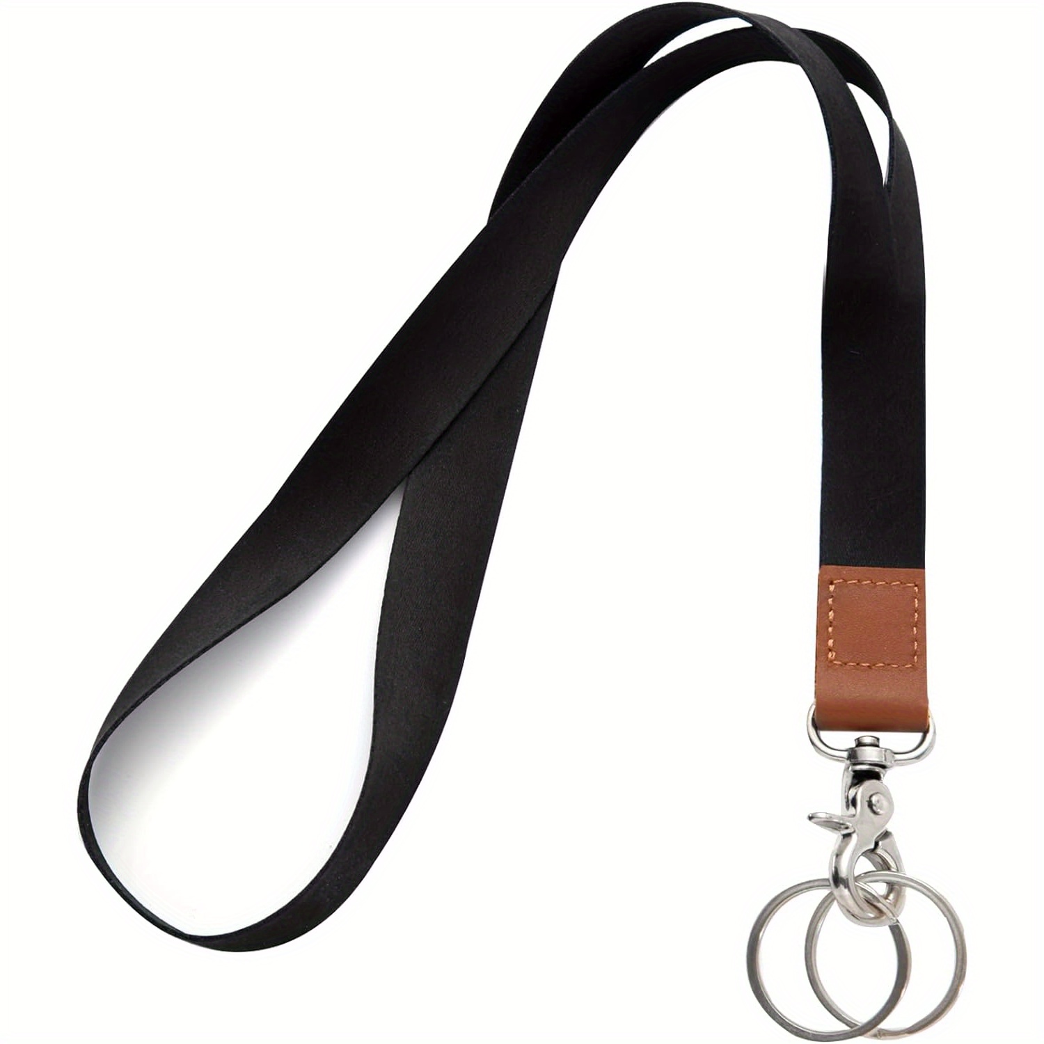 

Polyester Lanyard Keychain For Women And Men - Multipurpose Neck Strap For Keys, Wallet, Id Badge, Earphone Bag - Black Lanyard With Leather Accent