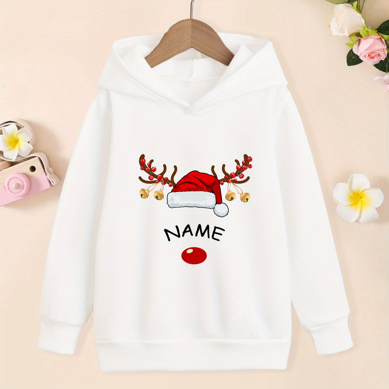 

Custom Text Girls' Hoodie - Cozy Polyester, Machine Washable, Spring/fall - Cute Reindeer Print With Personalized Name Option