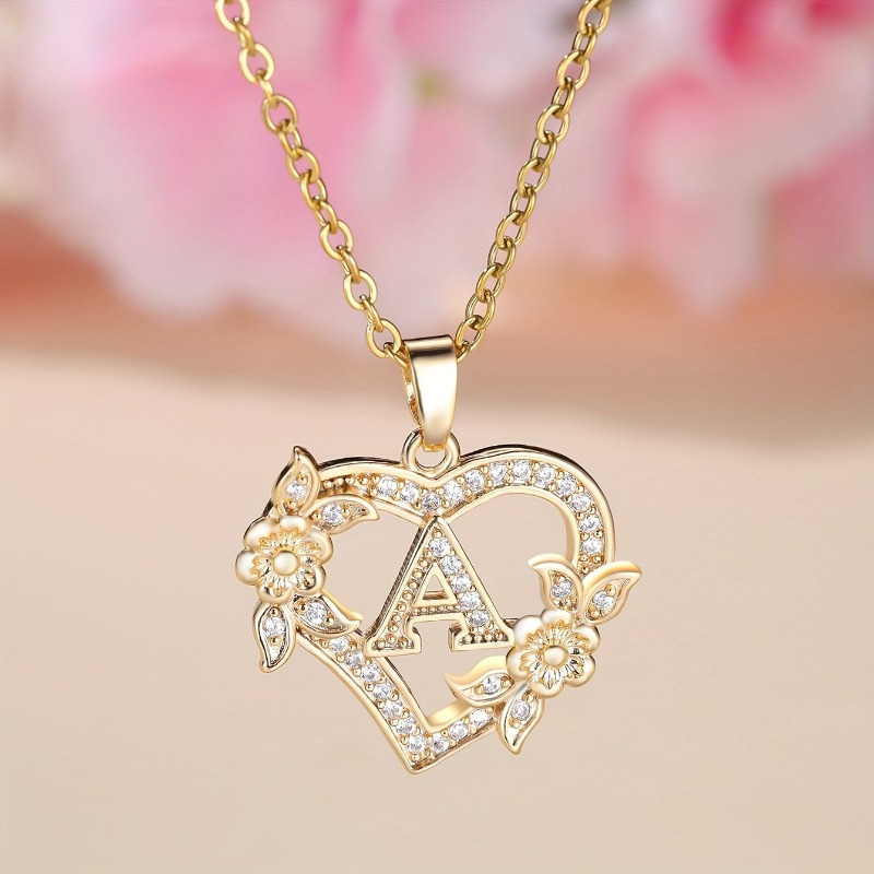 

Flower Initial English Letter Pendant Necklace Copper Jewelry Zircon Inlaid Pretty Female Dating Gift