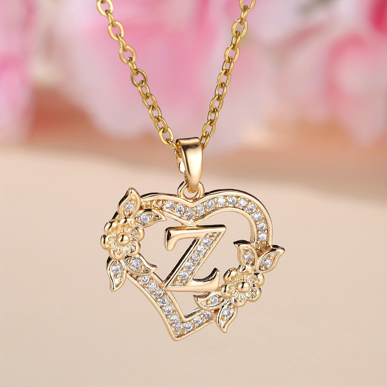 TEMU Flower Initial English Letter Pendant Necklace Copper Jewelry Zircon Inlaid Pretty Female Dating Gift