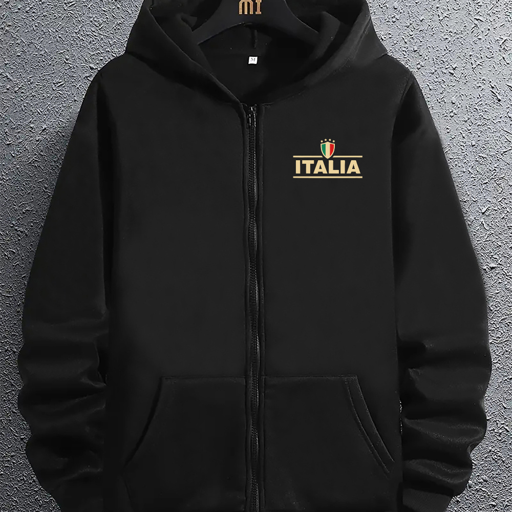 

Italia Graphic Print Zip-up Hoodie With Kangaroo Pocket - Casual Long Sleeve Hooded Sweatshirt For Men - 100% Polyester Knit Fabric - All-season Comfort With Slight Stretch - Regular Fit