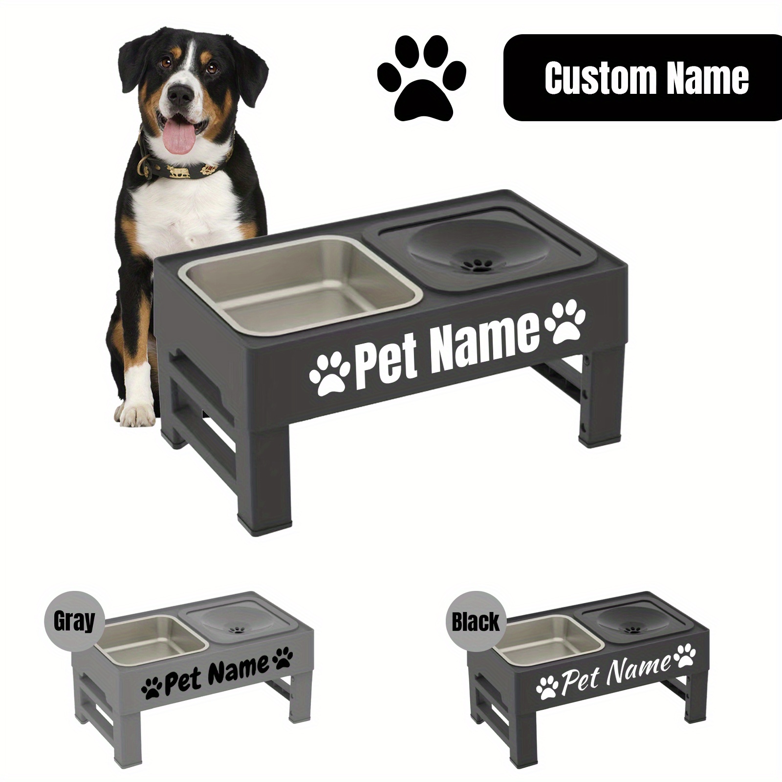 

Personalized Elevated Dog Bowls With Stainless Steel Dishes - 4 Height Adjustable, Non-slip Raised Stand For Medium To Large Dogs, Custom Name Design, Gray/ Options, Dog Bowl Elevated