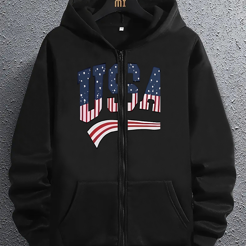 

Men's Patriotic American Flag & Letter Print Zip-up Hoodie With Kangaroo Pocket - Casual Long Sleeve Pullover For Fall/winter, Machine Washable