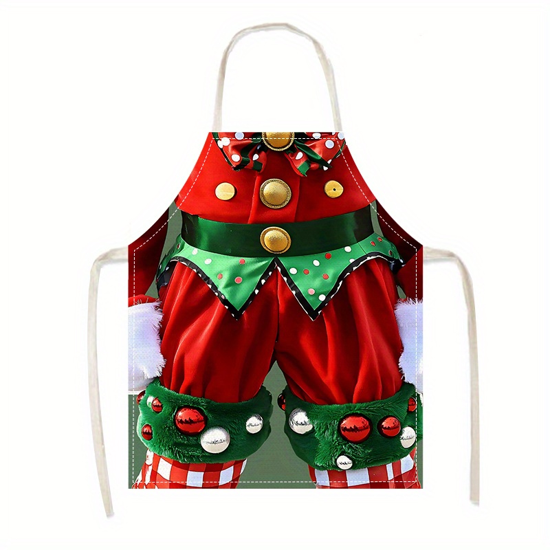 

1pc Christmas Elf Design Festive Apron - Unisex Adjustable Linen Kitchen Apron With Pockets For Cooking, Baking, Party, Durable & Easy To Clean