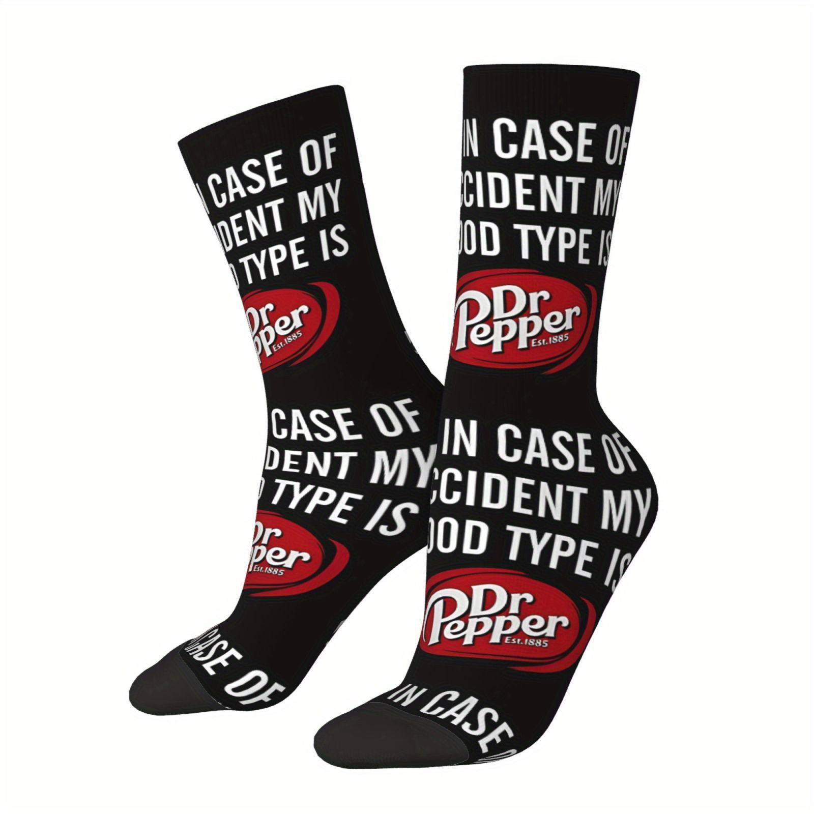 

Dr Pepper Printed Novelty Socks For Men - 1 Pair, Funny Accident Blood Type Statement, Vintage Harajuku Hip Hop, Polyester 95%, Spandex 5%, Knit Fabric, Hand Wash/dry Clean, Unique Gift