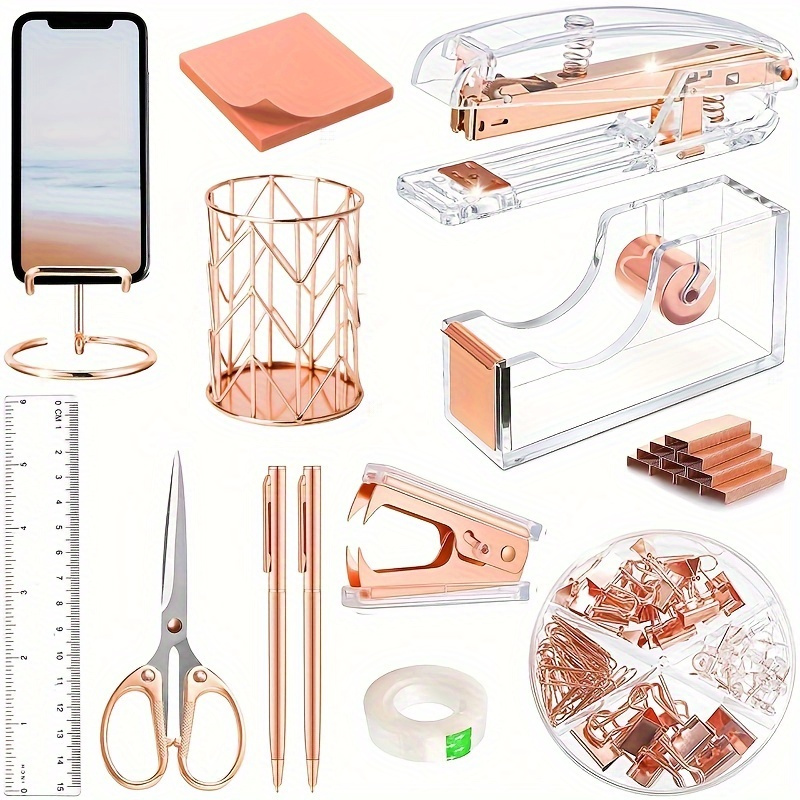 

Rose Golden Acrylic Desk Organizer Set - Includes Stapler, Remover, Tape Holder, Pen & Scissors, Binder, , Phone Stand, Ruler, Clear Glue & Notes - Manual Operation, Material