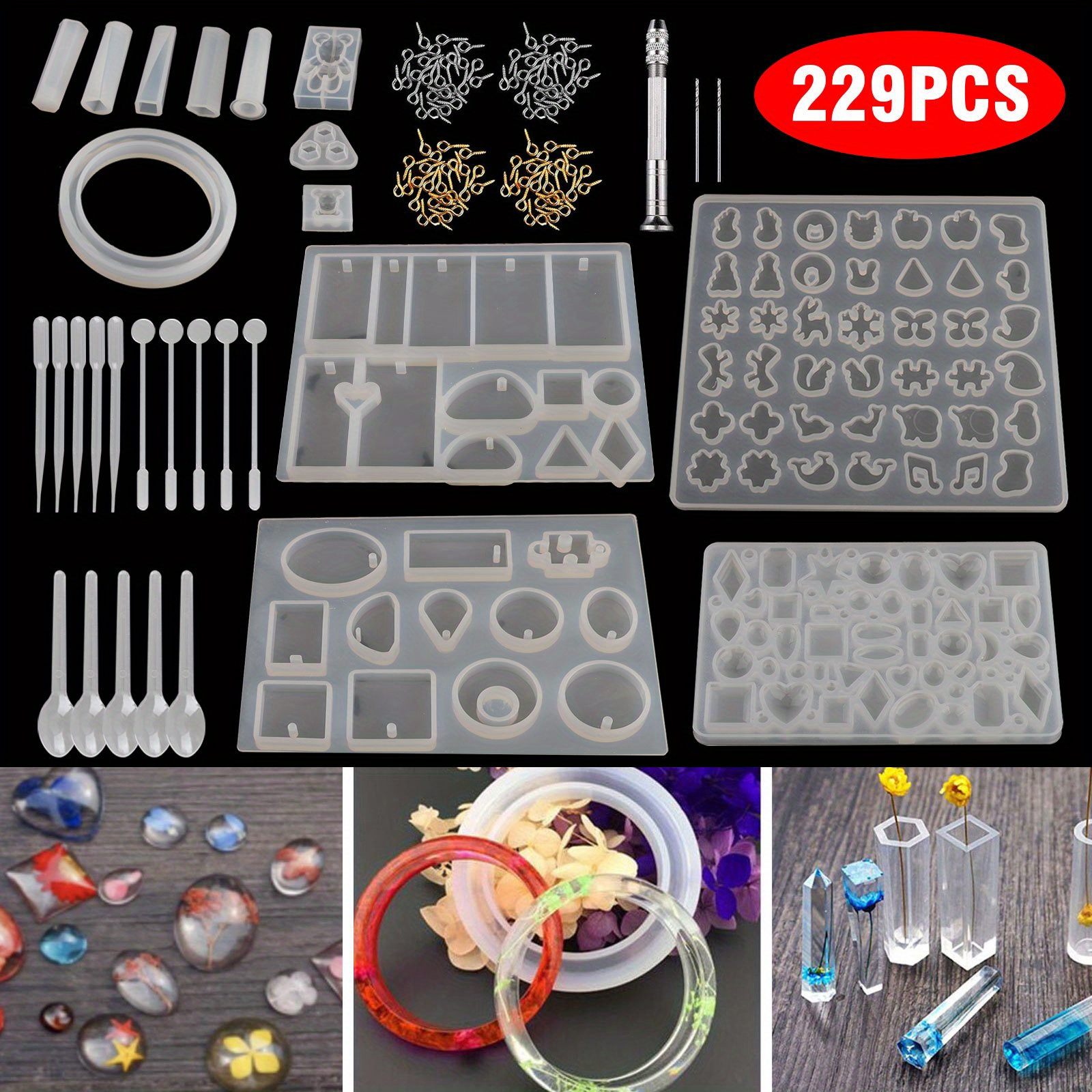 

229pcs Silicone Resin Casting Molds Kit - Assorted Shapes For Diy Jewelry Making, Pendant Crafting, And Epoxy Resin Art - Set With Tools And Accessories