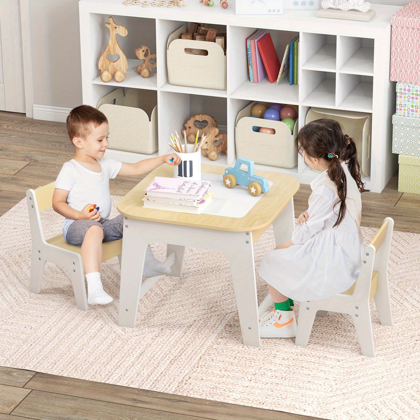   wooden childrens table 2 chairs set study activity   activity desk w blackboard whiteborad natural