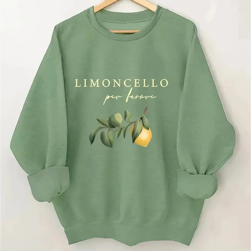 

Casual Crew Neck Sweatshirt For Women - Limoncello Print - 100% Polyester Knit Fabric - Long Sleeve - Lightweight Pullover For Fall/winter - Fruit & Vegetable Pattern