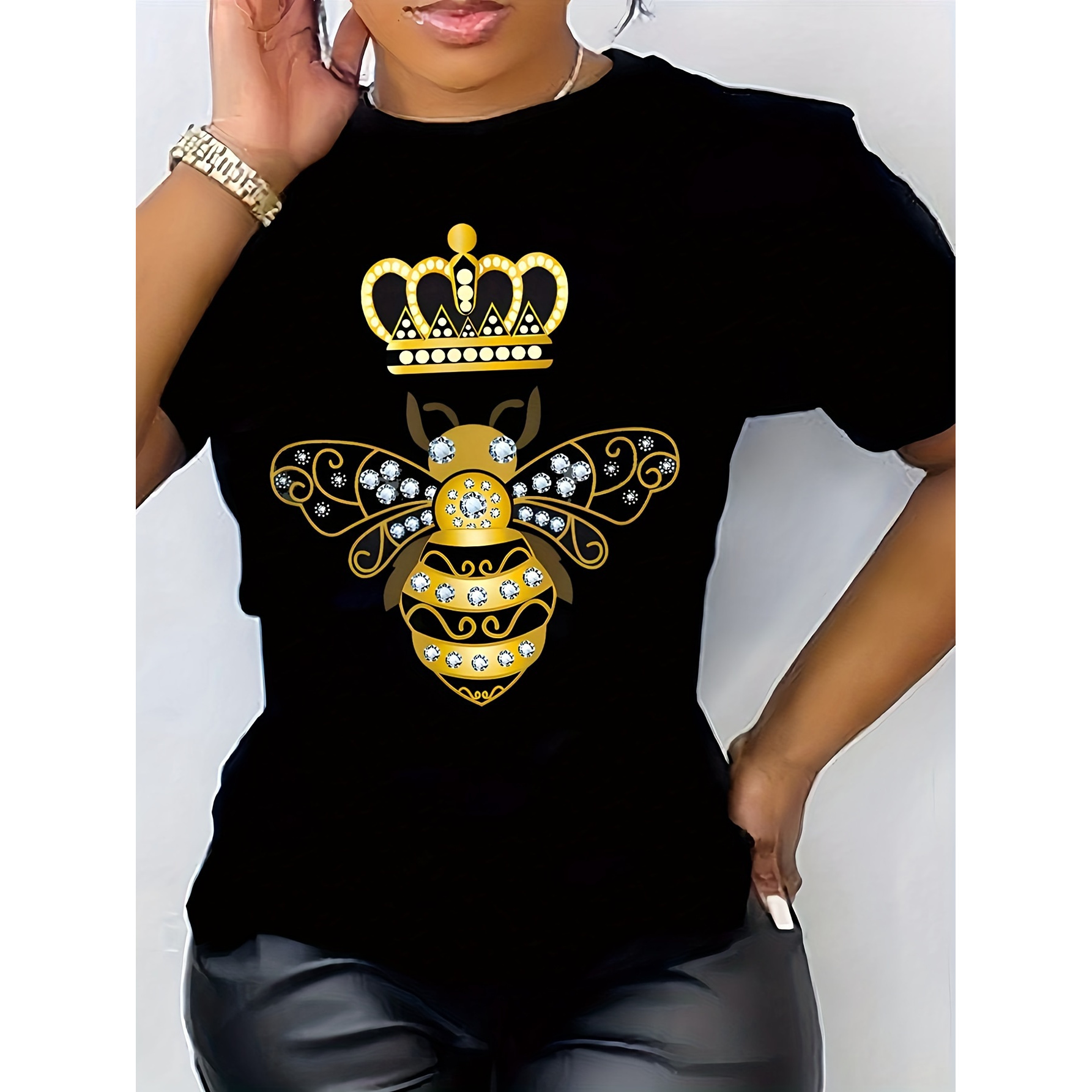 

Plus Size Women's Casual T-shirt With Elegant Bee & Crown Print - Short Sleeve, Round Neck, 100%, Machine Washable - Stylish Black Top For , Plus Size Blouses