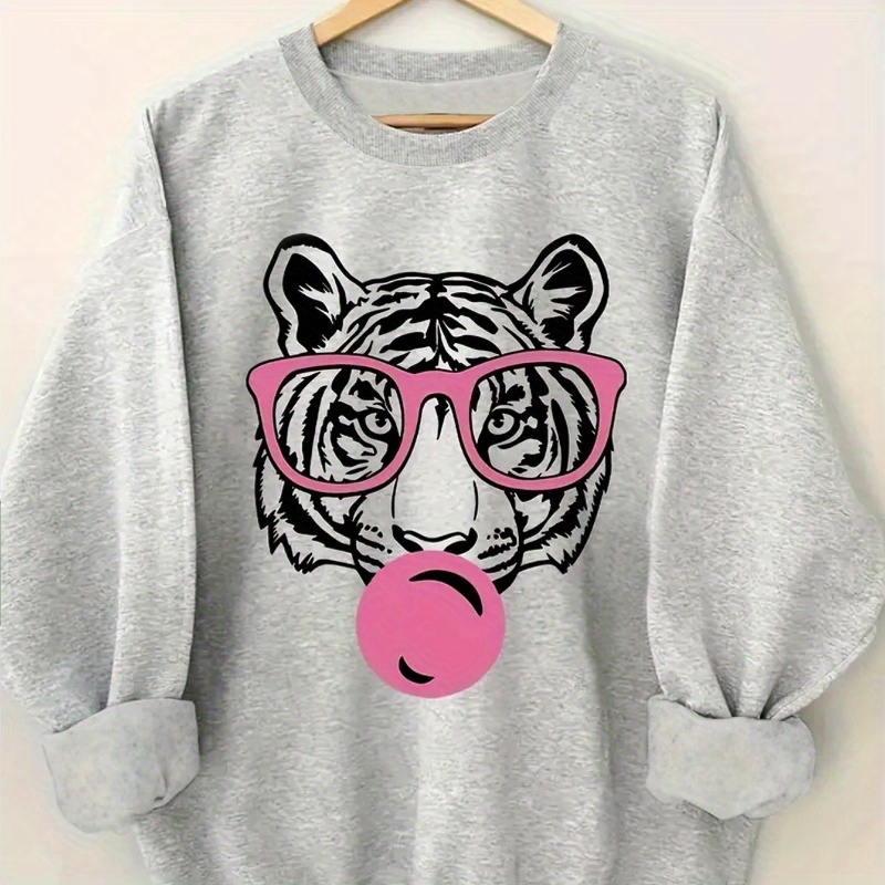 

Casual Crew Neck Sweatshirt With Tiger Print - 100% Polyester Knitted Fabric, Animal Pattern Long Sleeve Pullover For Fall/winter