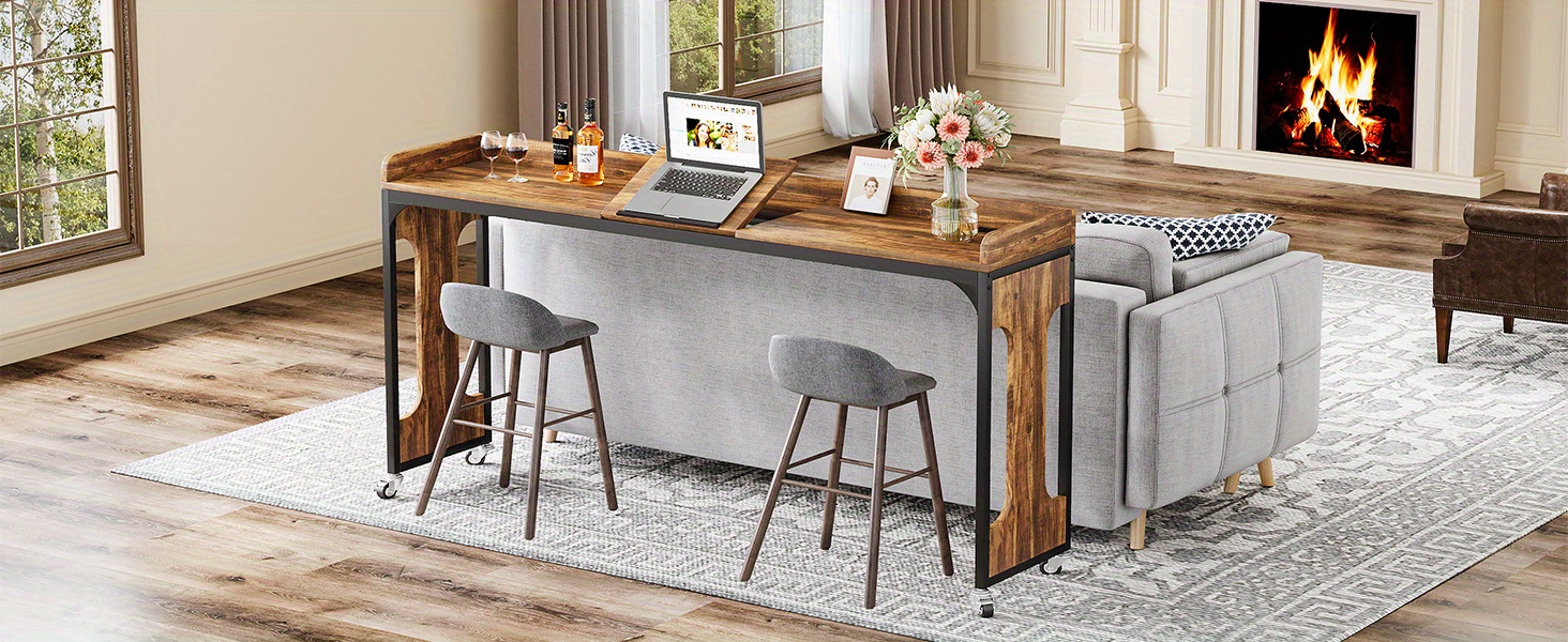 LANTUS Bureau réglable en hauteur avec plateau + 4 roues pivotantes à 360° pour ordinateur, ordinateur portable, chambre à coucher, bureau, lit, canapé - 60 x 34,5 x 58-90 cm (couleur bois