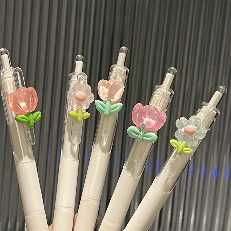 

5pcs Floral Pens - Medium Point 0.5mm, Quick-dry Plastic Pens For Students, Design Retractable Pens