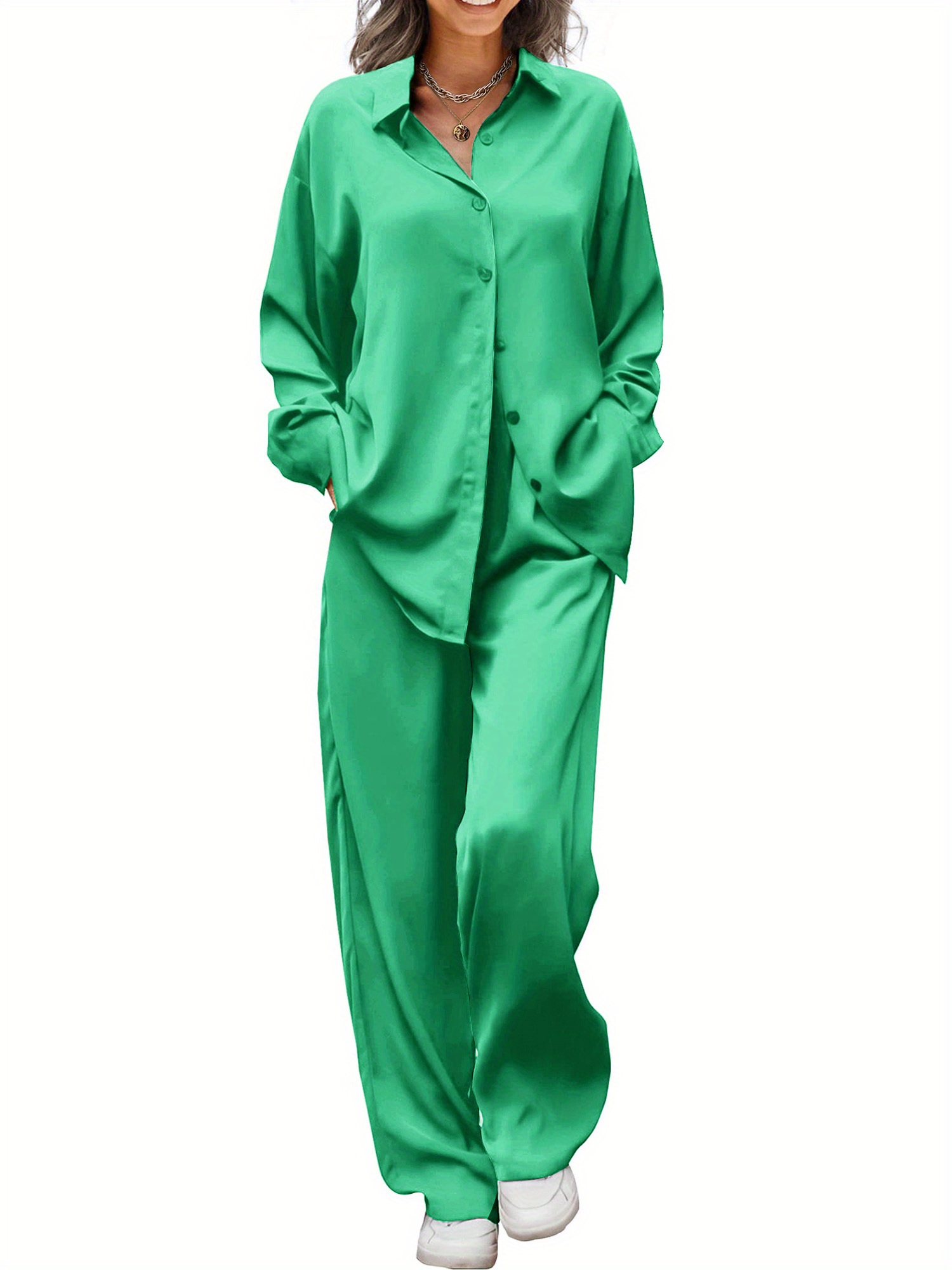 Women's Silk Satin Pajama Set - 2 Piece V-Neck Button Up Long Sleeve & Pants, Comfy Lounge Wear For Bridal, Gift, Sleepwear