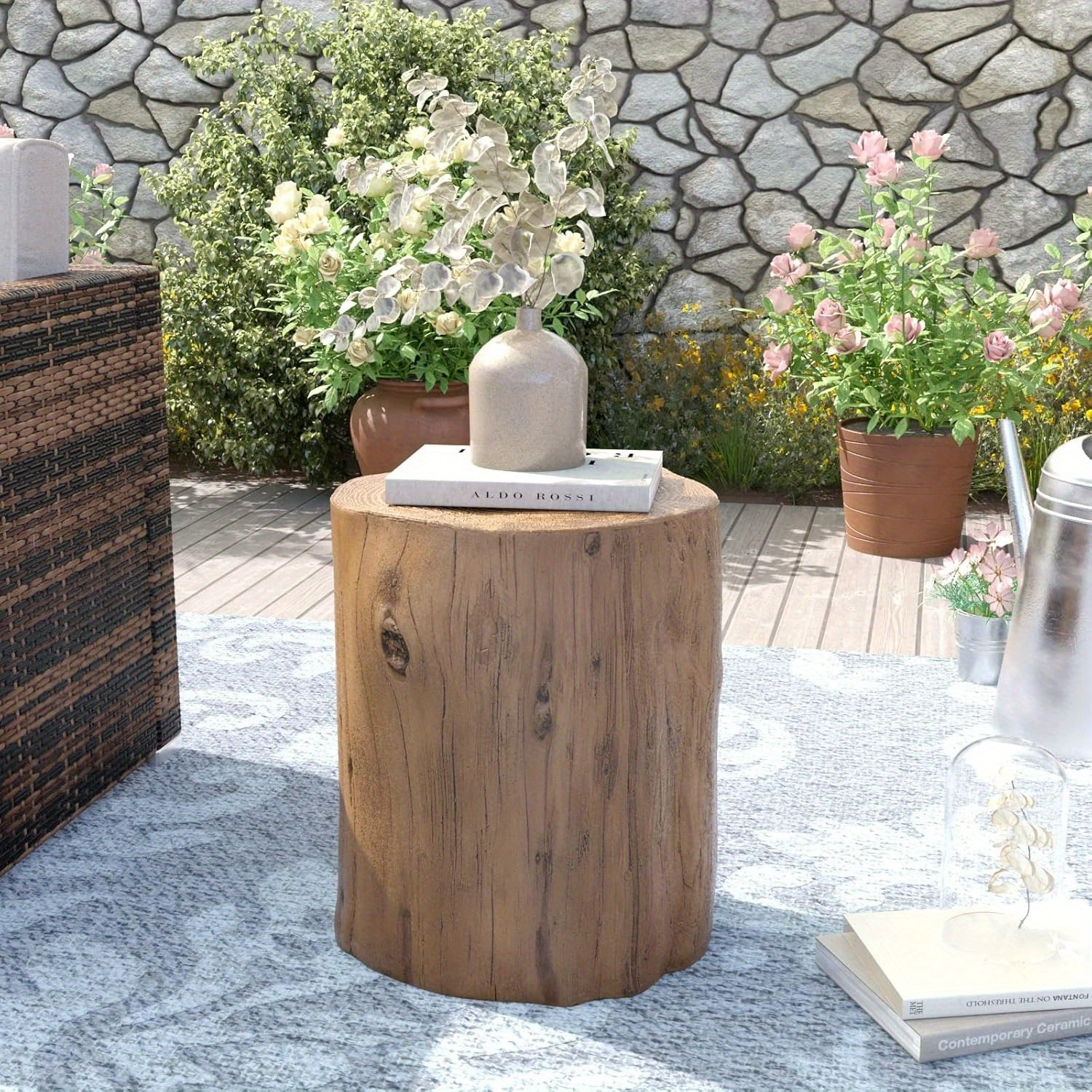 

Rustic Style Stump Outdoor Side Table, Brown Faux Table, Garden, Patio Stump Decorative Side Table Bench