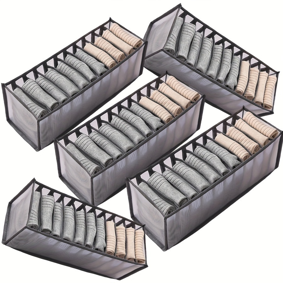 

5pcs Foldable Underwear & Sock Organizer - 11 Compartment Drawer Divider For Closet Storage, Nylon Mesh, In Gray, Black, White, Clothes Organizer Storage