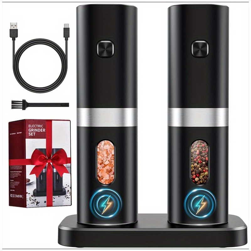 

Electric Salt And Pepper Grinder Set, 2024 New Rechargeable Salt And Pepper Mill With 4*rechargeable Batteries, Charging Base, White Light, Automatic , Black, 2pack