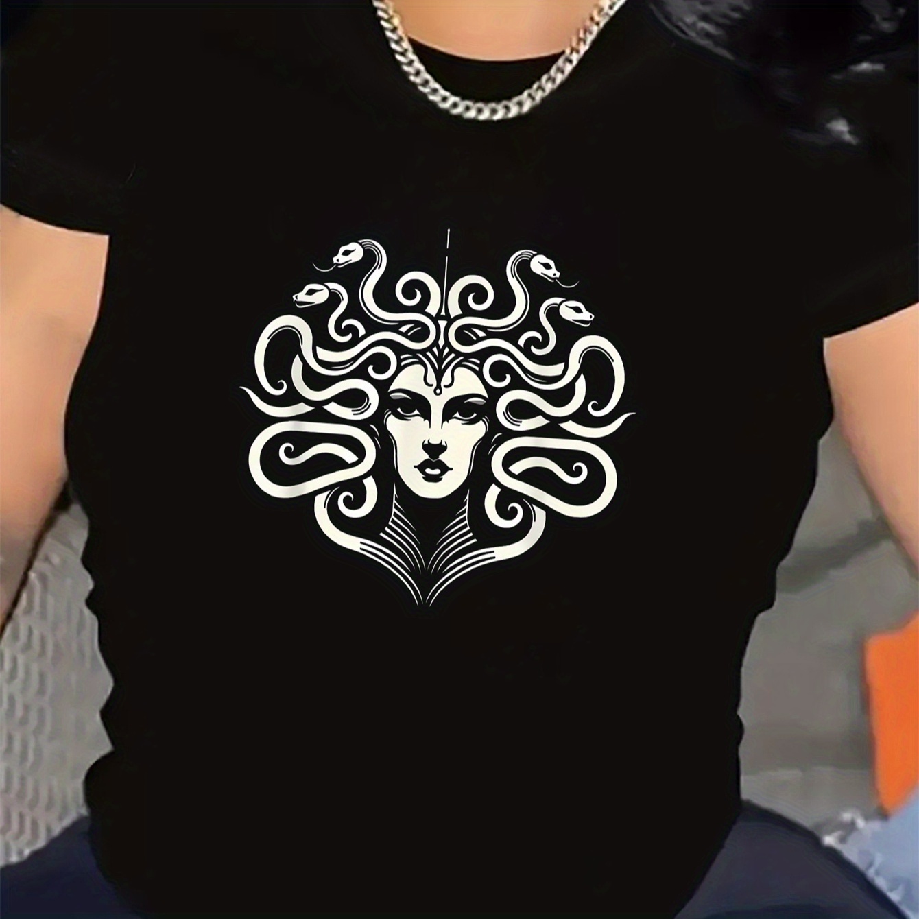 

Medusa Graphic Fashion Tee For Women - Crew Neck, Short Sleeve, Stretchy Polyester , Machine Washable