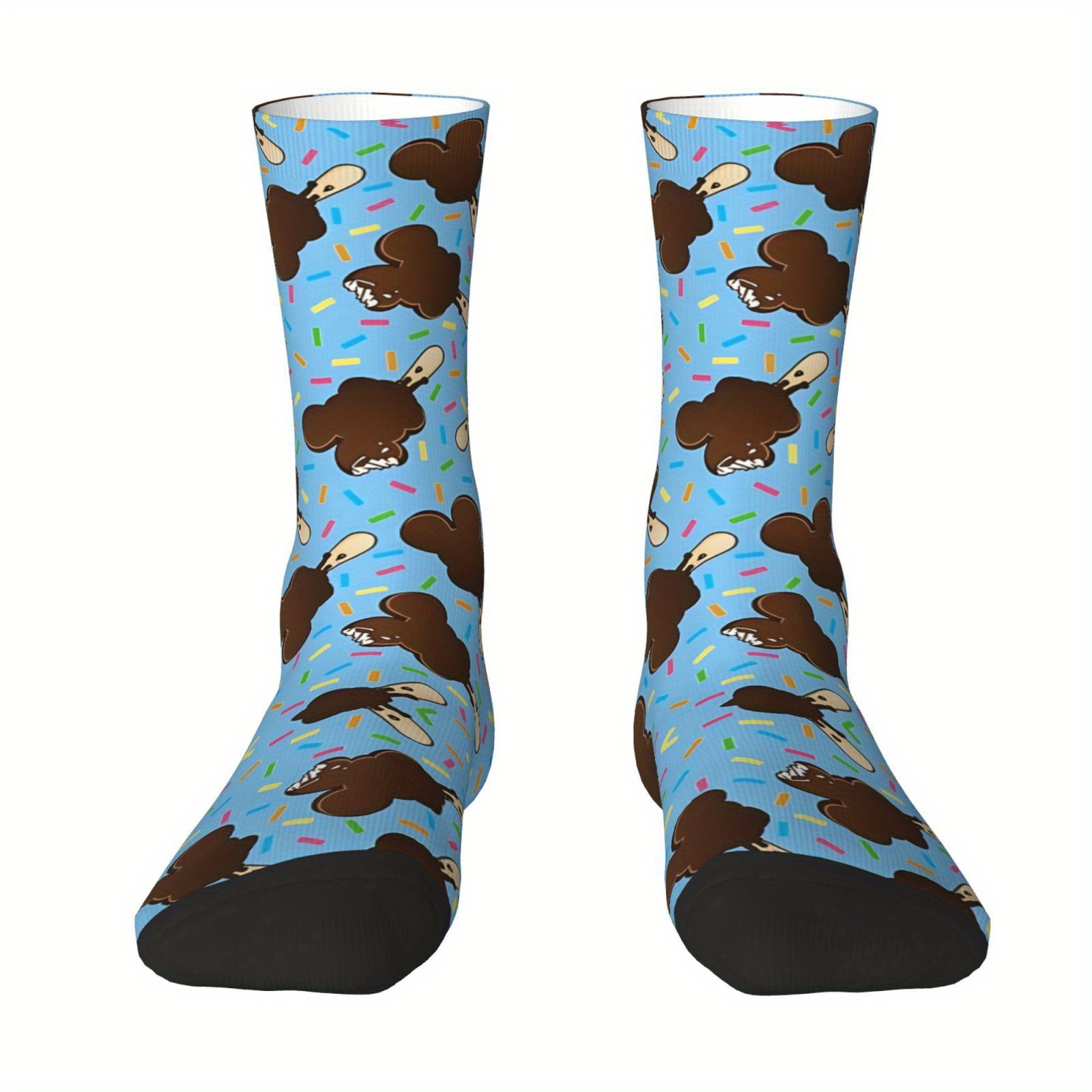 TEMU 1 Pair Men's Knit Polyester-spandex Socks, Novelty Cartoon Mouse & Ice Cream Pattern, Crew Length, Fun, Crazy & Hip Hop Style, Seamless Design - Unique Gift For Boys